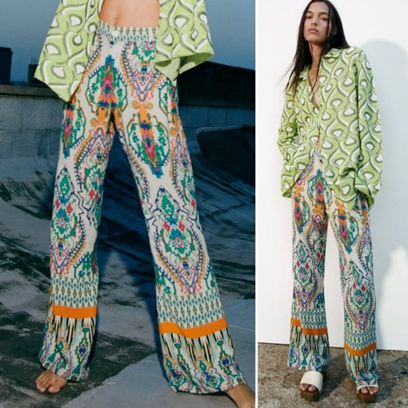 Zara Printed Flare Trousers Boho Multicolor Teal Orange Purple Ikat Blogger Fave - Picture 2 of 10